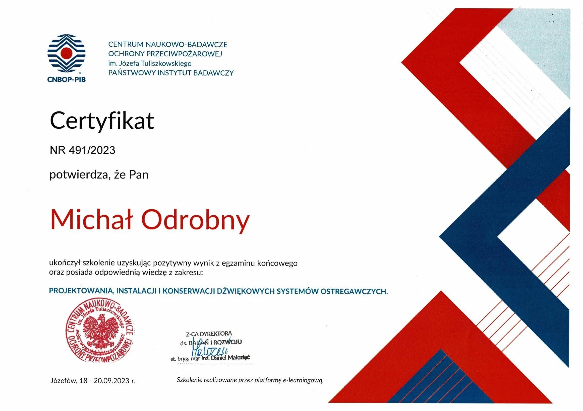 Certyfikat CNBOP dźwiękowy system ostrzegawczy