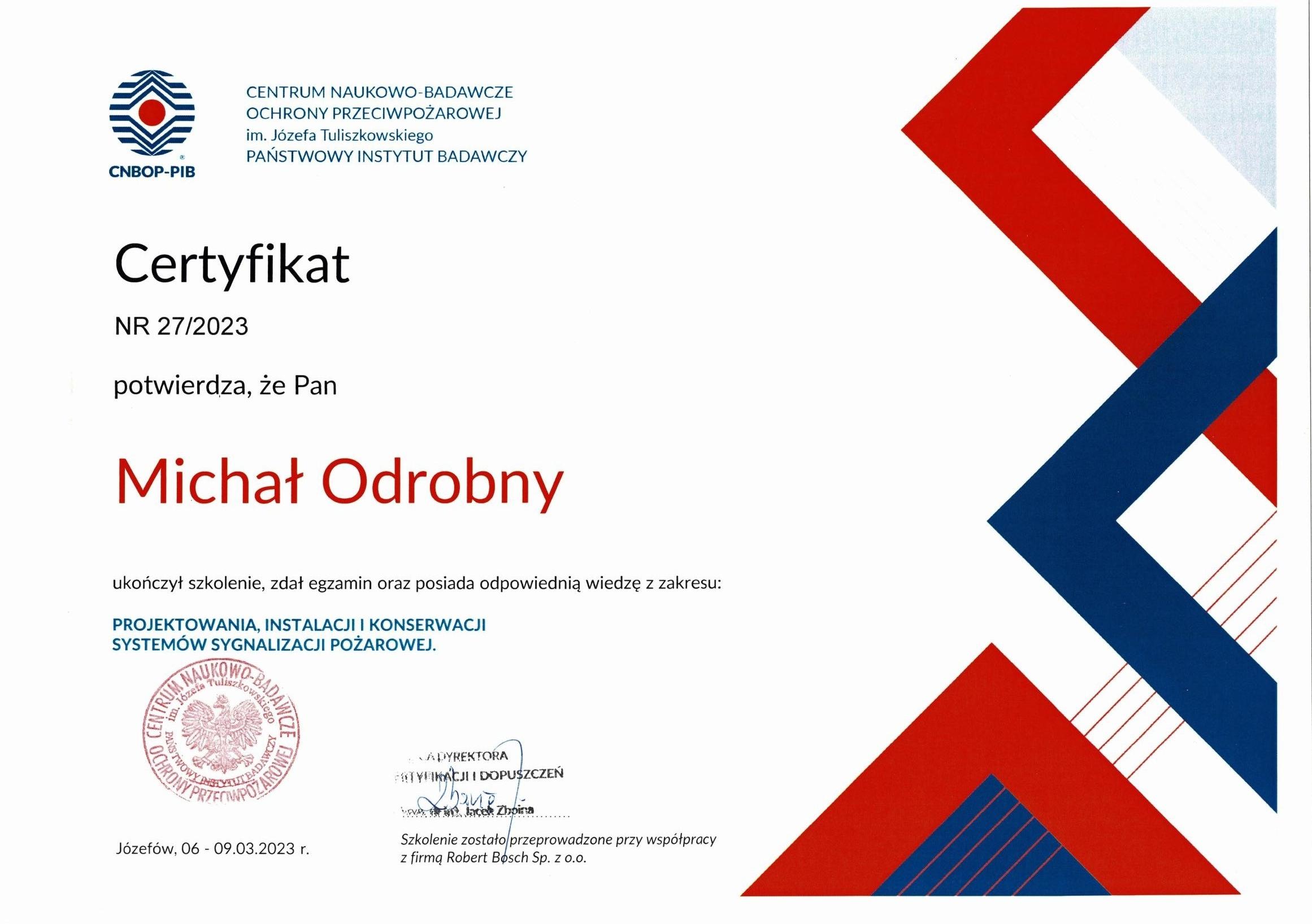 Certyfikat CNBOP system sygnalizacji pożarowej