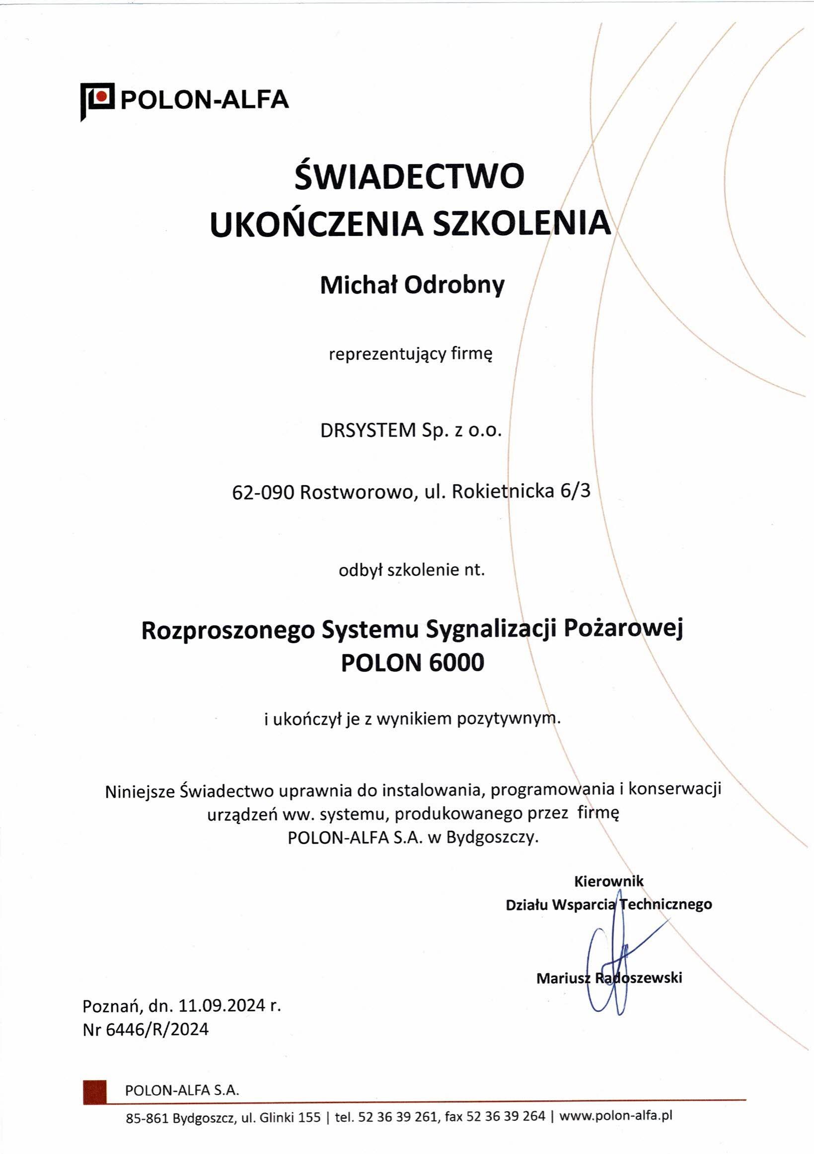 Autoryzacja producenta central sygnalizacji pożarowej POLON 6000